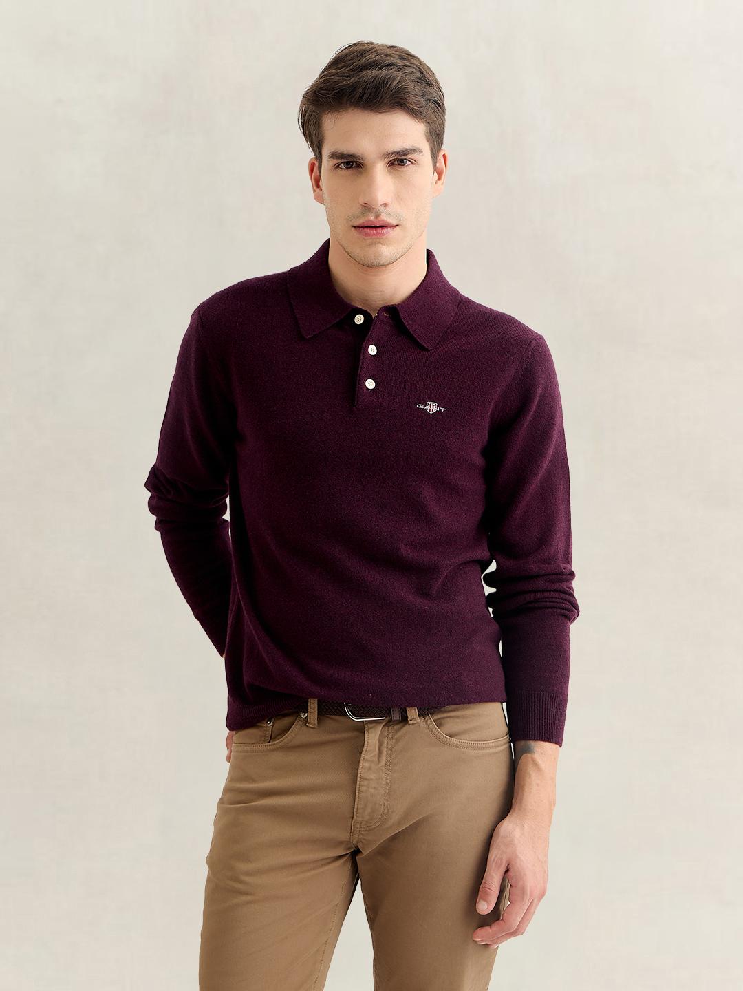 Gant Men Wine Regular Fit Solid Lambswool Sweater