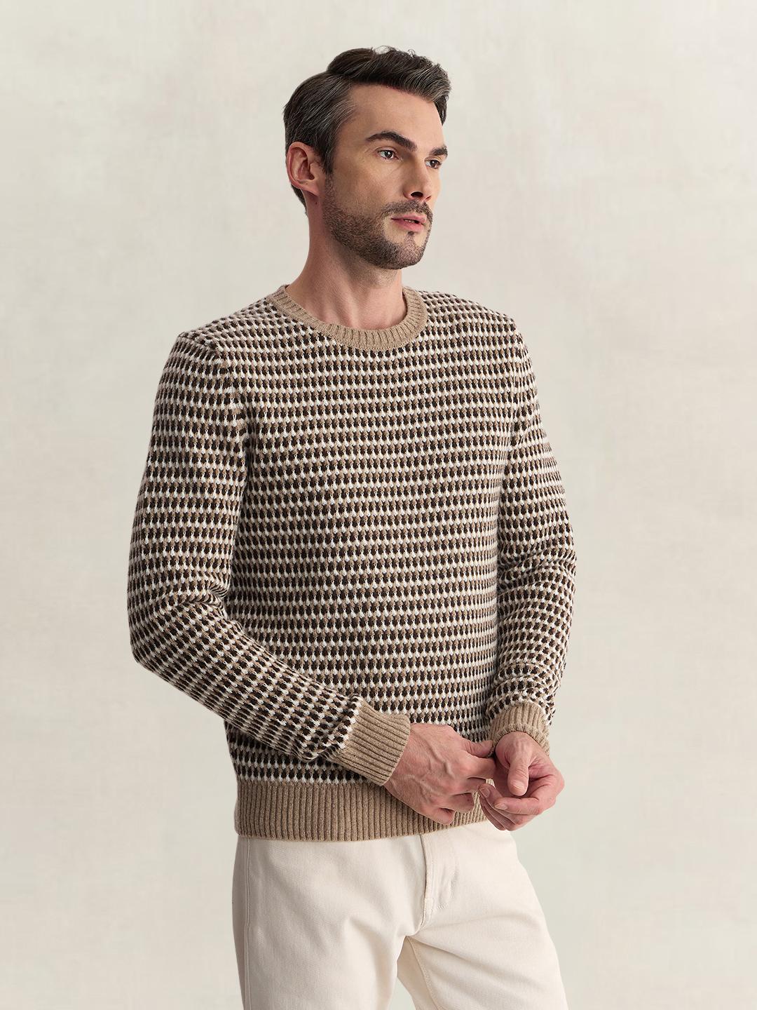 Gant Men Beige Regular Fit Woven Design Wool Blend Sweater