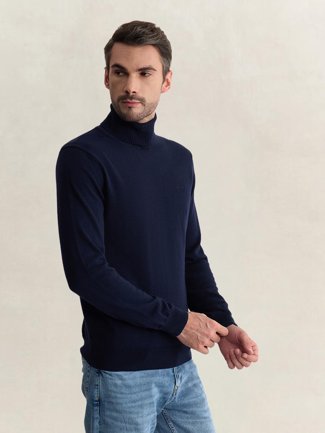 Gant Men Blue Regular Fit Solid Cotton Blend Sweater