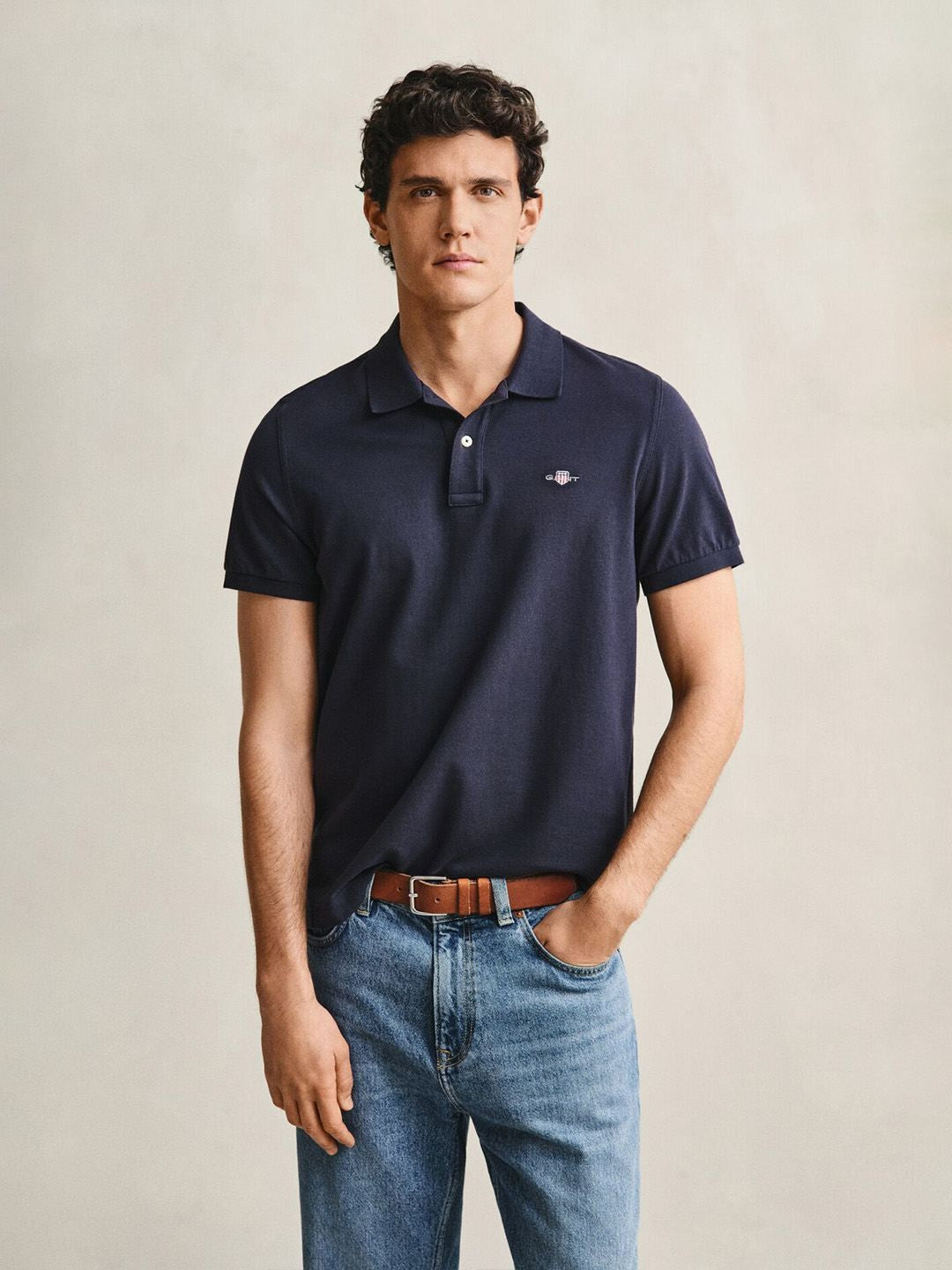 Gant Men Navy Blue Solid Regular Fit Pure Cotton Polo T-Shirt