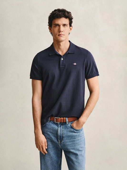 Gant Men Navy Blue Solid Regular Fit Pure Cotton Polo T-Shirt