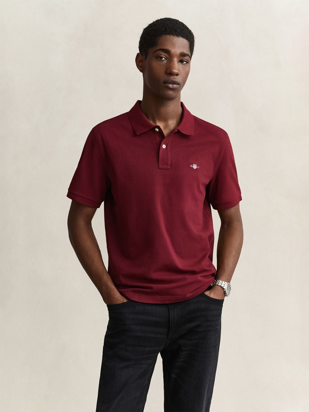 Gant Men Deep Maroon Solid Regular Fit Pure Cotton Polo T-Shirt