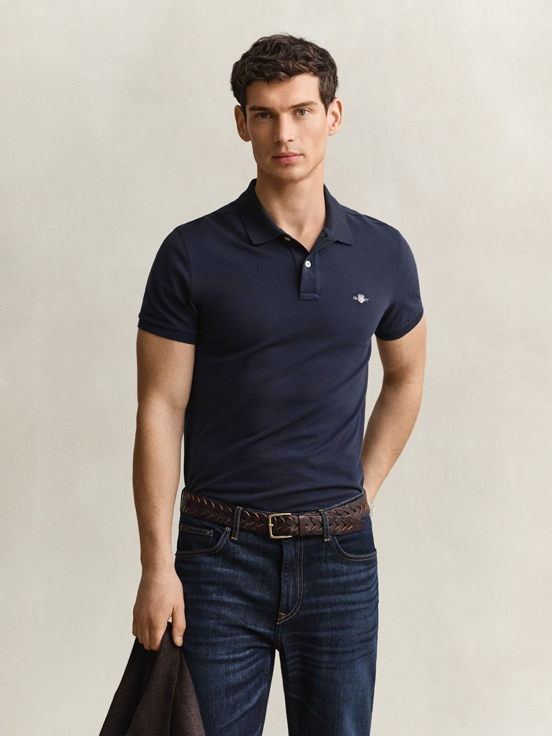 Gant Men Navy Blue Solid Slim Fit Pure Cotton Classic Polo T-Shirt