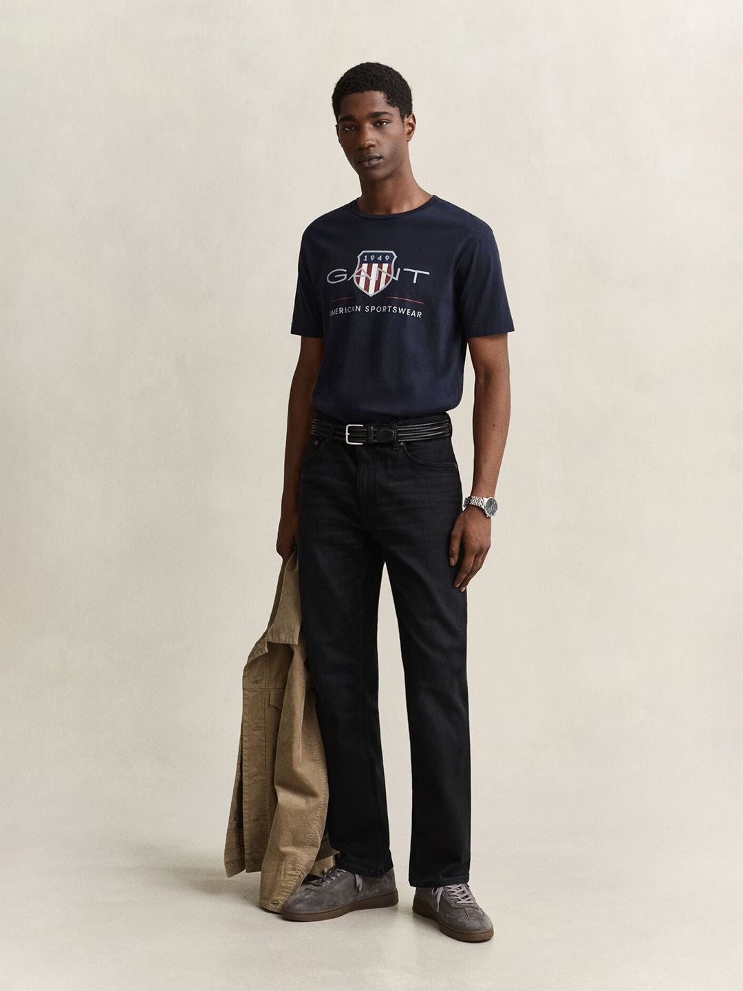 Gant Men Navy Blue Solid Regular Fit Pure Cotton T-Shirt