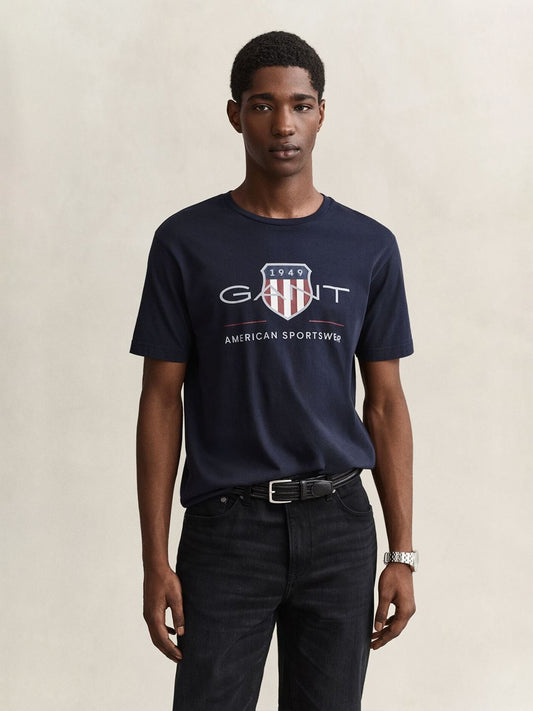 Gant Men Navy Blue Solid Regular Fit Pure Cotton T-Shirt