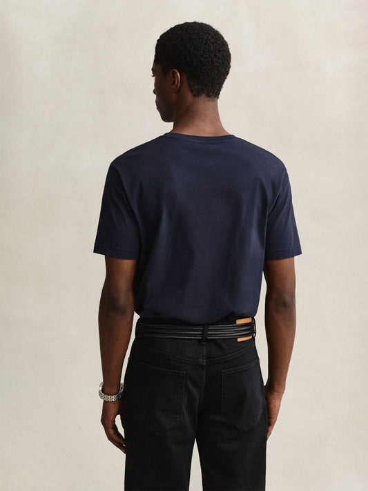 Gant Men Navy Blue Solid Regular Fit Pure Cotton T-Shirt