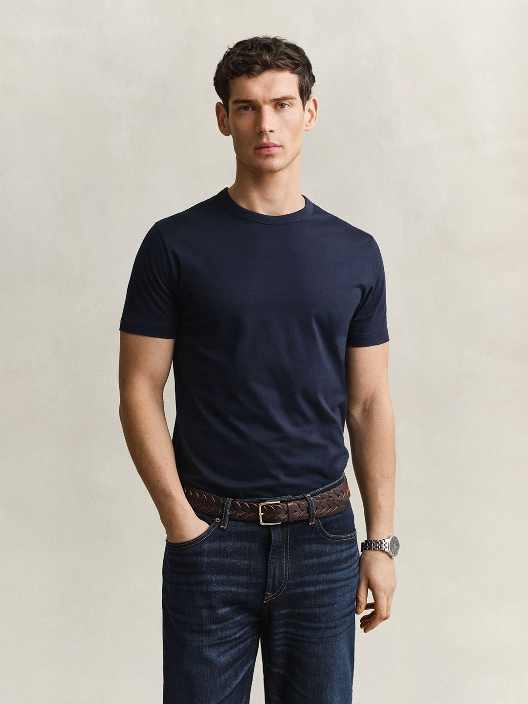 Gant Men Navy Blue Solid Regular Fit Pure Cotton T-Shirt
