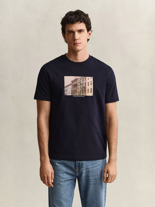 Gant Men Navy Blue Graphic Regular Fit Pure Cotton T-Shirt