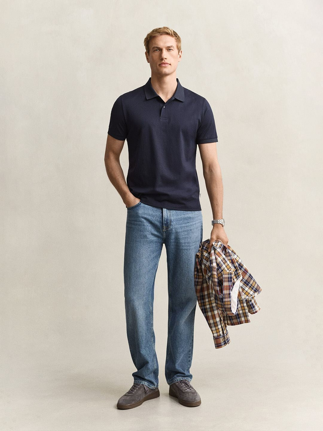 Gant Men Navy Blue Solid Regular Fit Pure Cotton Polo T-Shirt