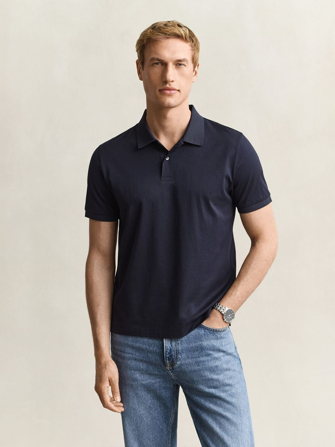 Gant Men Navy Blue Solid Regular Fit Pure Cotton Polo T-Shirt