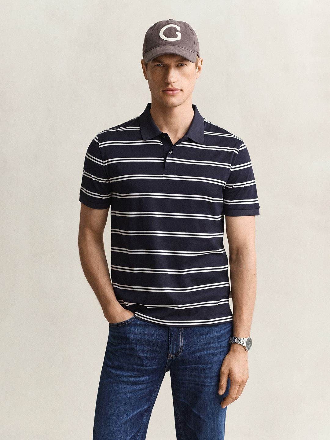 Gant Men Navy Blue Striped Regular Fit Pure Cotton Polo T-Shirt