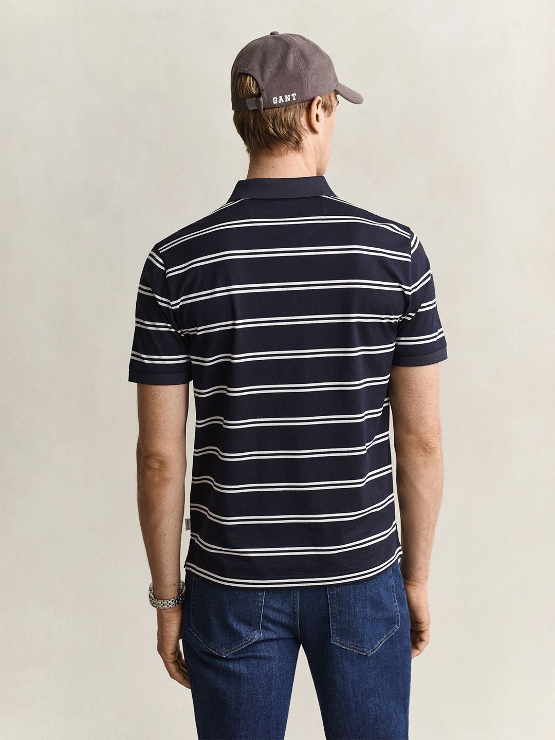 Gant Men Navy Blue Striped Regular Fit Pure Cotton Polo T-Shirt