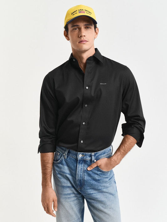 Gant Men Black Solid Regular Fit Sateen Shirt