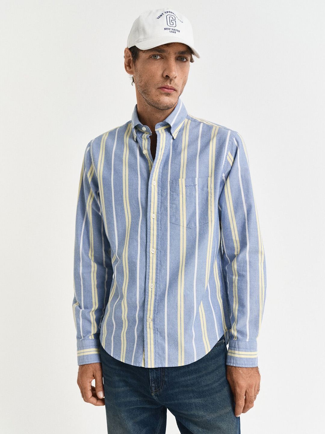 Gant Men Light Blue Striped Regular Fit Pure Cotton Shirt
