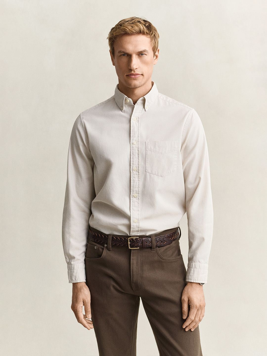 Gant Men Beige Solid Regular Fit Pure Cotton Shirt