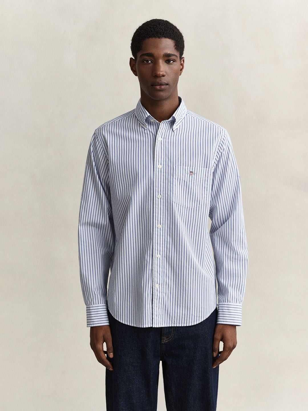 Gant Men Light Blue Striped Regular Fit Poplin Shirt