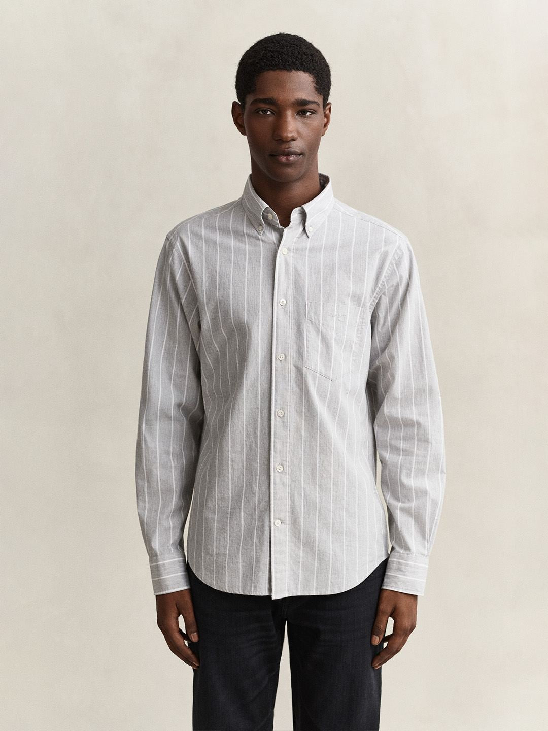 Gant Men Light Grey Striped Regular Fit Poplin Shirt