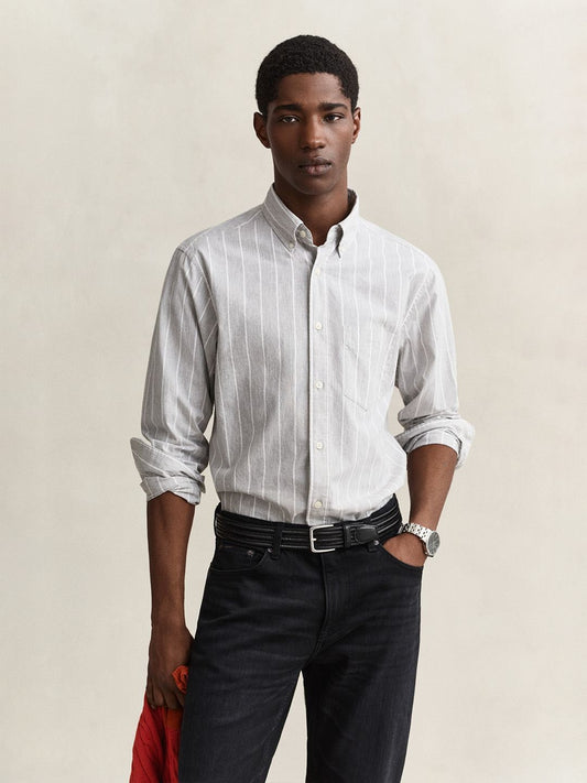 Gant Men Light Grey Striped Regular Fit Poplin Shirt