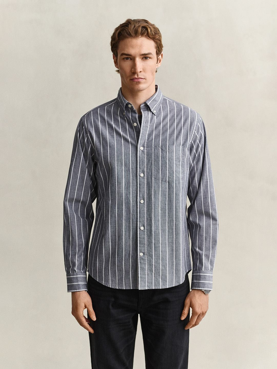 Gant Men Grey Striped Regular Fit Poplin Shirt