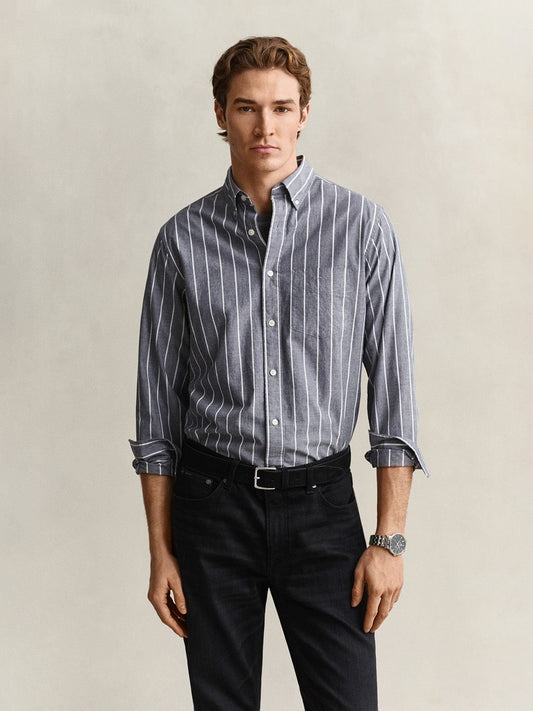 Gant Men Grey Striped Regular Fit Poplin Shirt