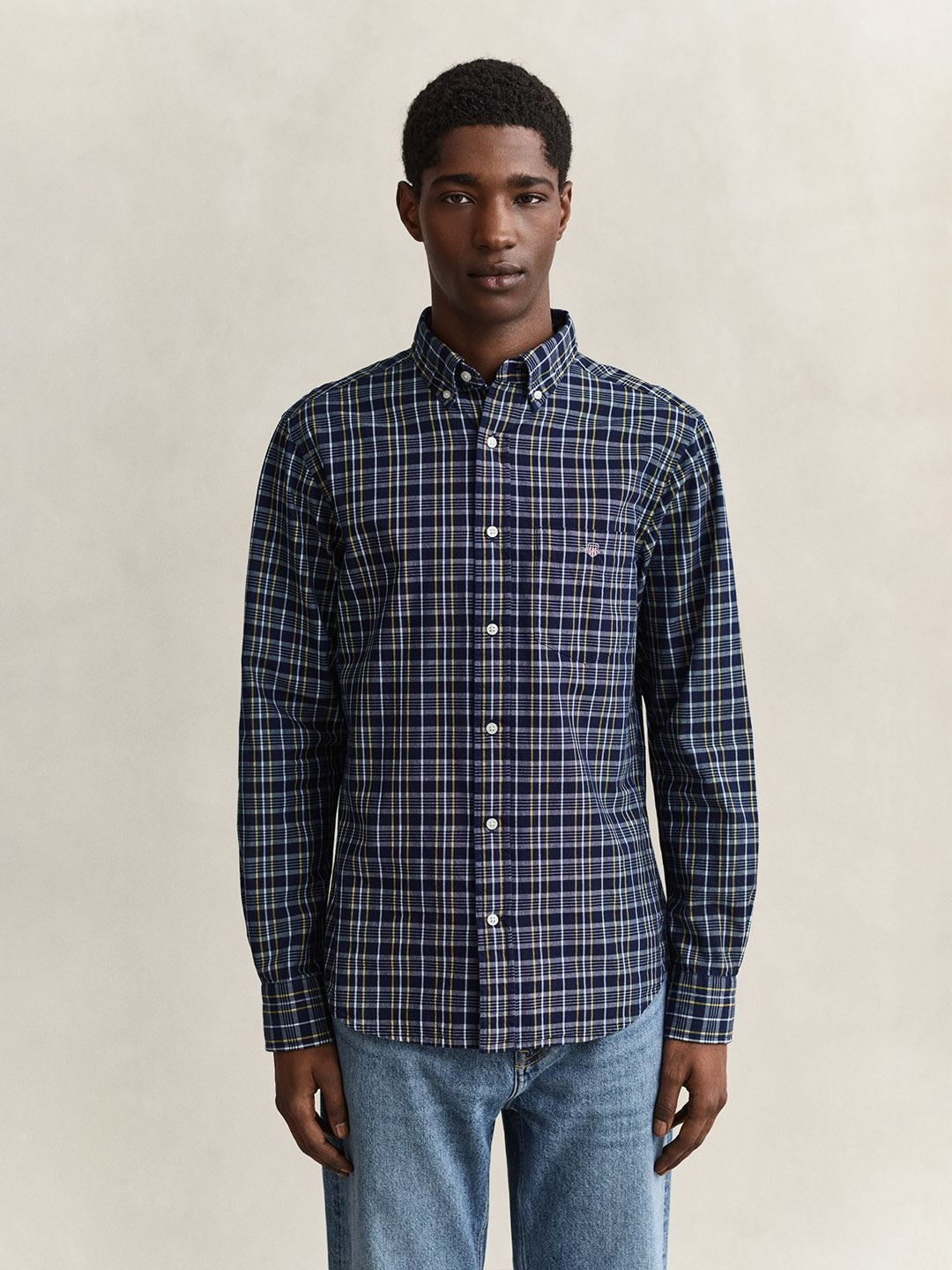 Gant Men Navy Blue Checked Regular Fit Poplin Shirt