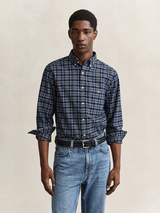 Gant Men Navy Blue Checked Regular Fit Poplin Shirt