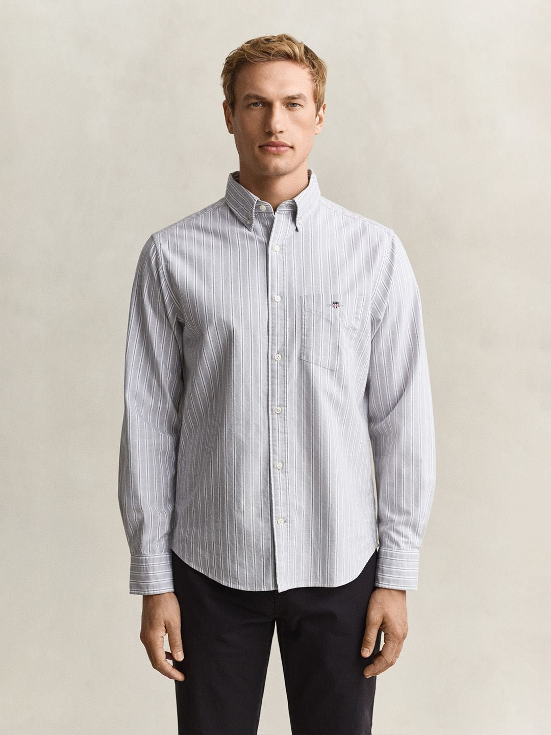 Gant Men Light Grey Striped Regular Fit Classic Oxford Shirt