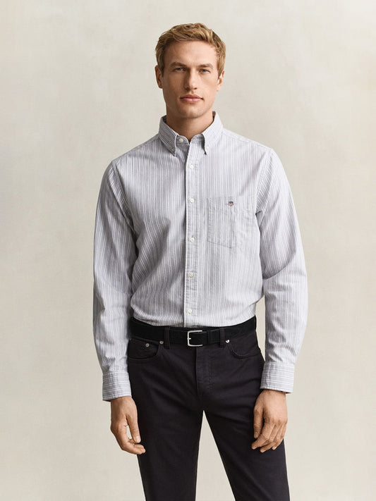 Gant Men Light Grey Striped Regular Fit Classic Oxford Shirt
