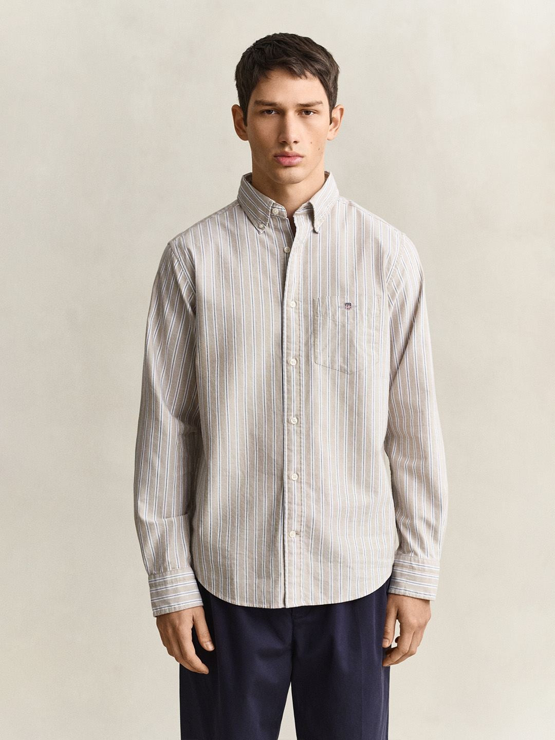 Gant Men Beige Striped Regular Fit Classic Oxford Shirt