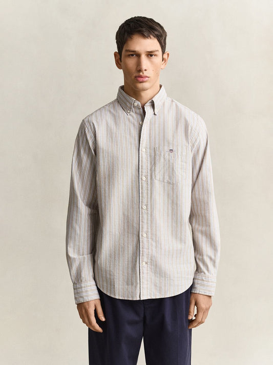 Gant Men Beige Striped Regular Fit Classic Oxford Shirt
