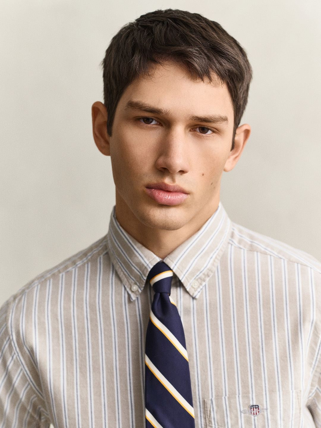 Gant Men Beige Striped Regular Fit Classic Oxford Shirt