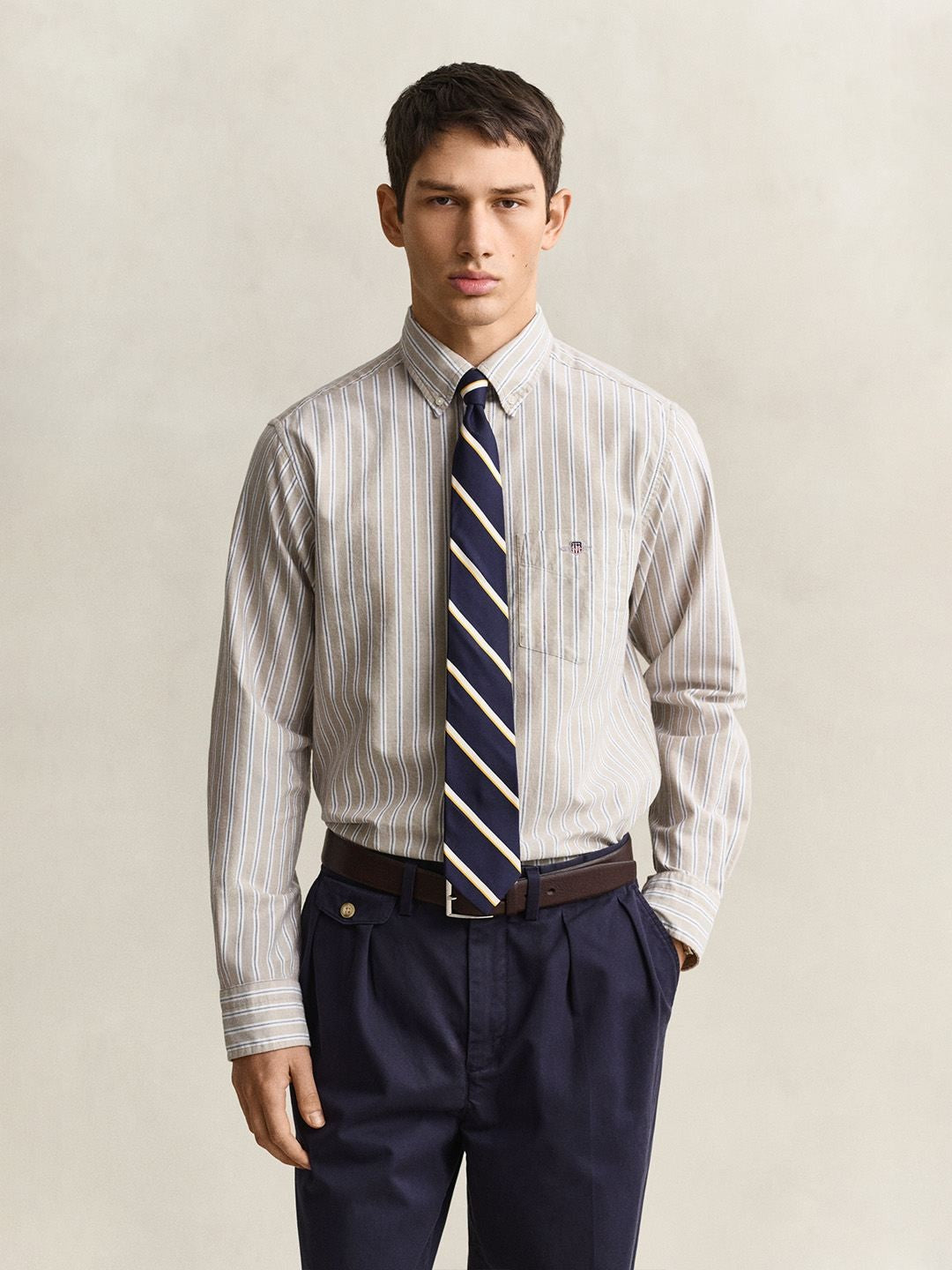 Gant Men Beige Striped Regular Fit Classic Oxford Shirt
