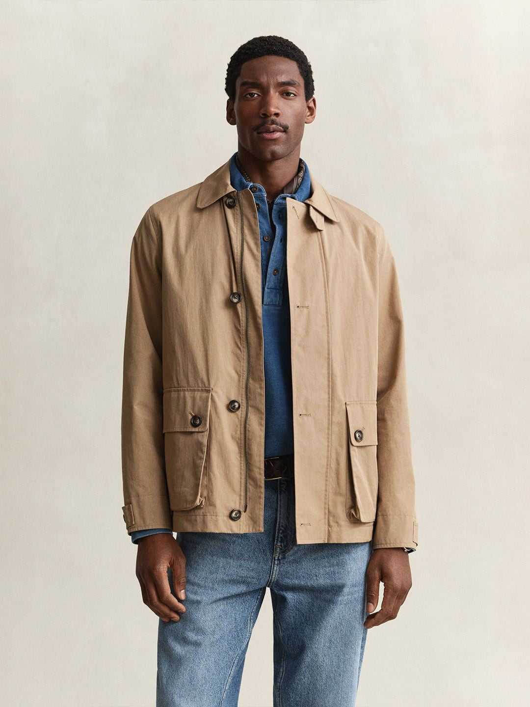 Gant Men Beige Solid Regular Fit Cotton Blend Barn Jacket