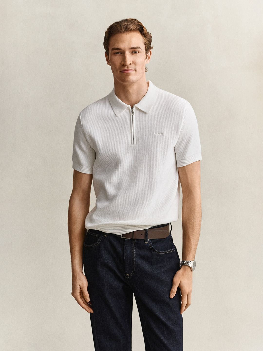 Gant Men White Solid Regular Fit Polo Sweater