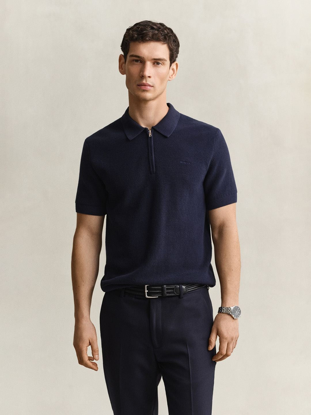 Gant Men Navy Blue Solid Regular Fit Polo Sweater