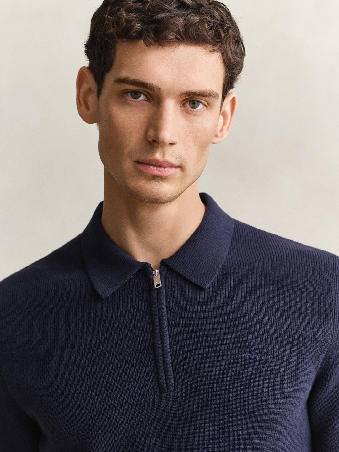 Gant Men Navy Blue Solid Regular Fit Polo Sweater