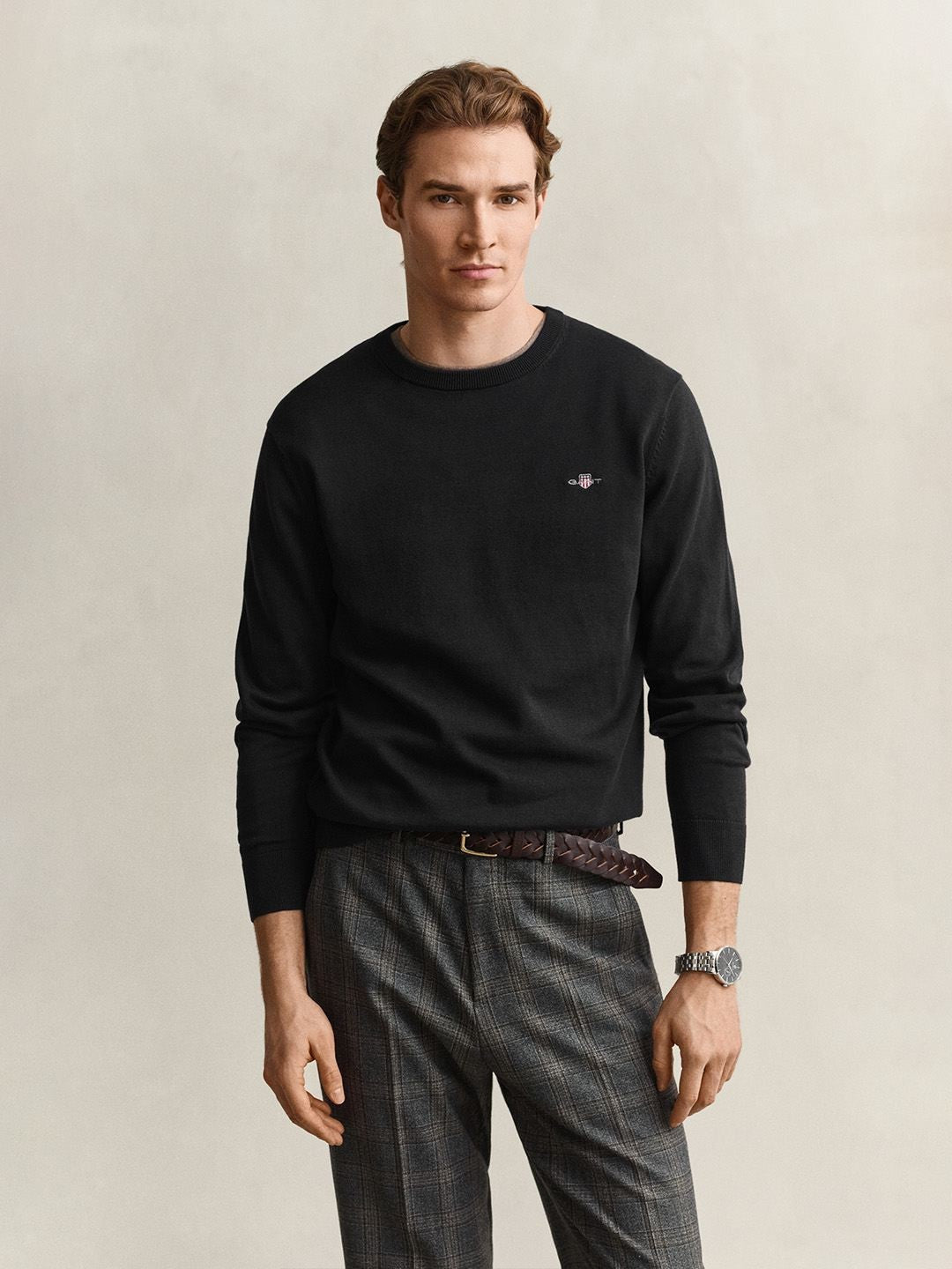 Gant Men Black Solid Regular Fit Pure Cotton Sweater