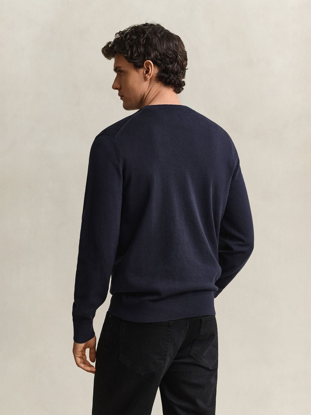Gant Men Navy Blue Solid Regular Fit Pure Cotton Sweater