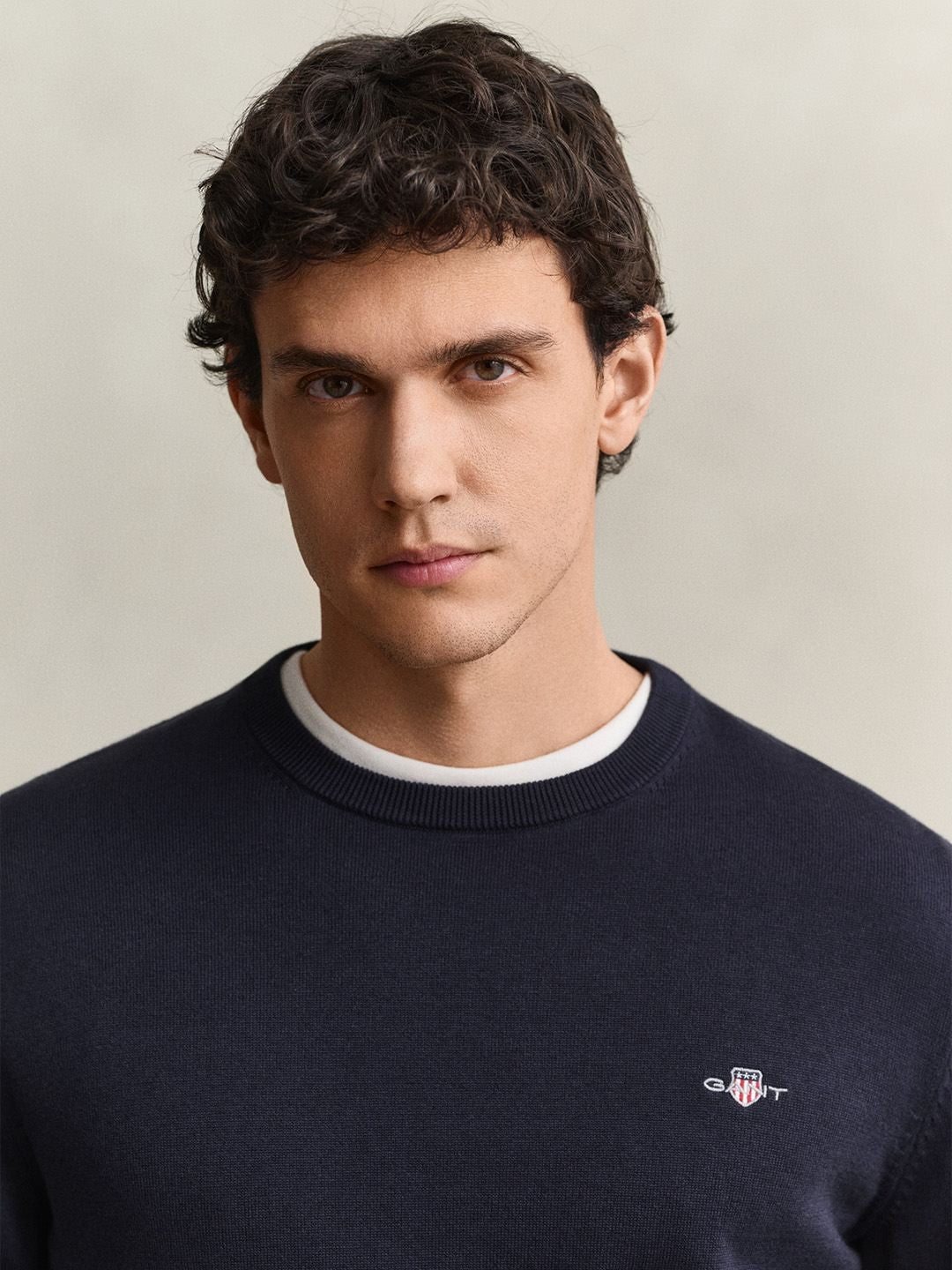 Gant Men Navy Blue Solid Regular Fit Pure Cotton Sweater