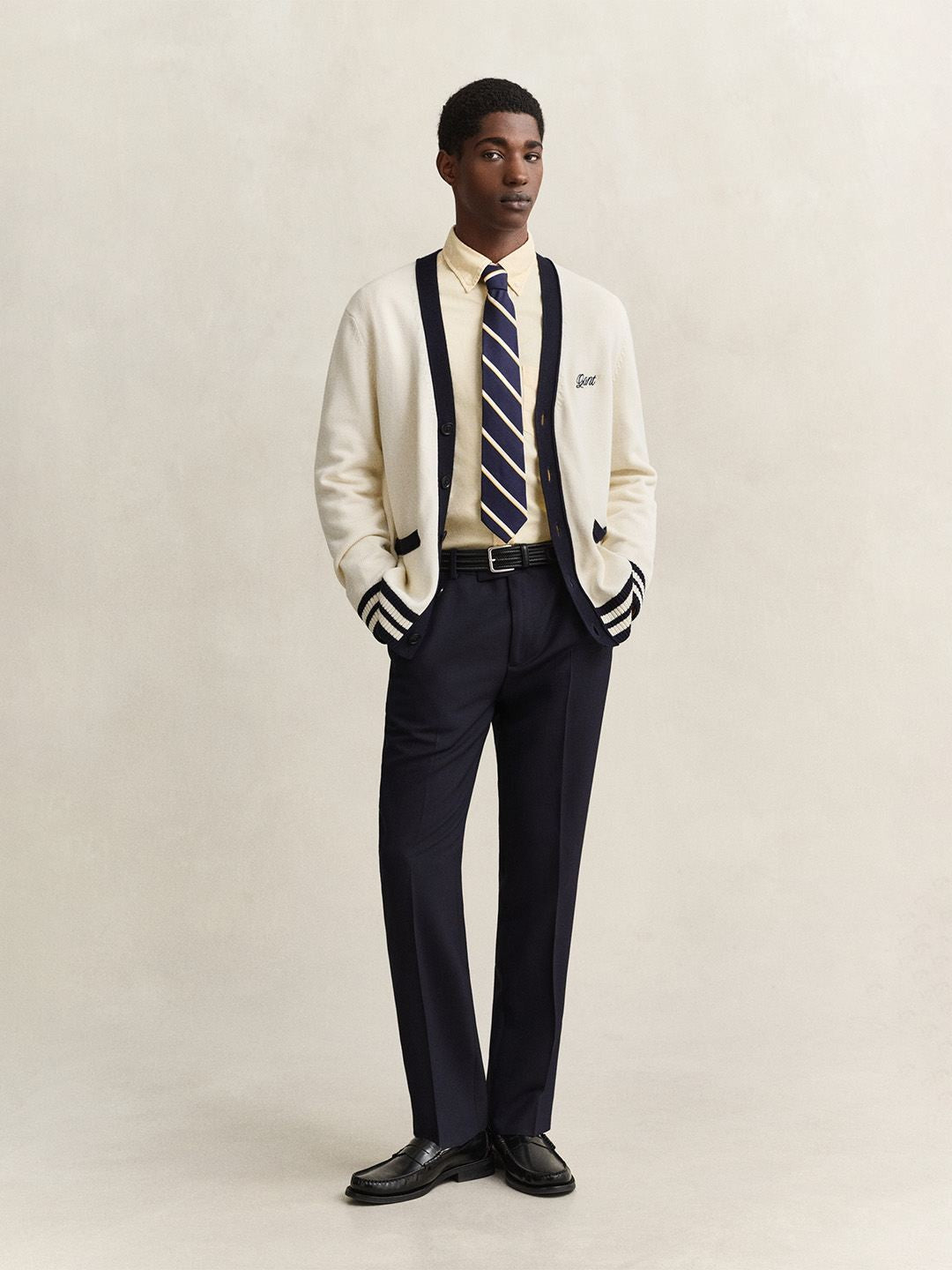 Gant Men Cream Solid Regular Fit Pure Cotton Sweater
