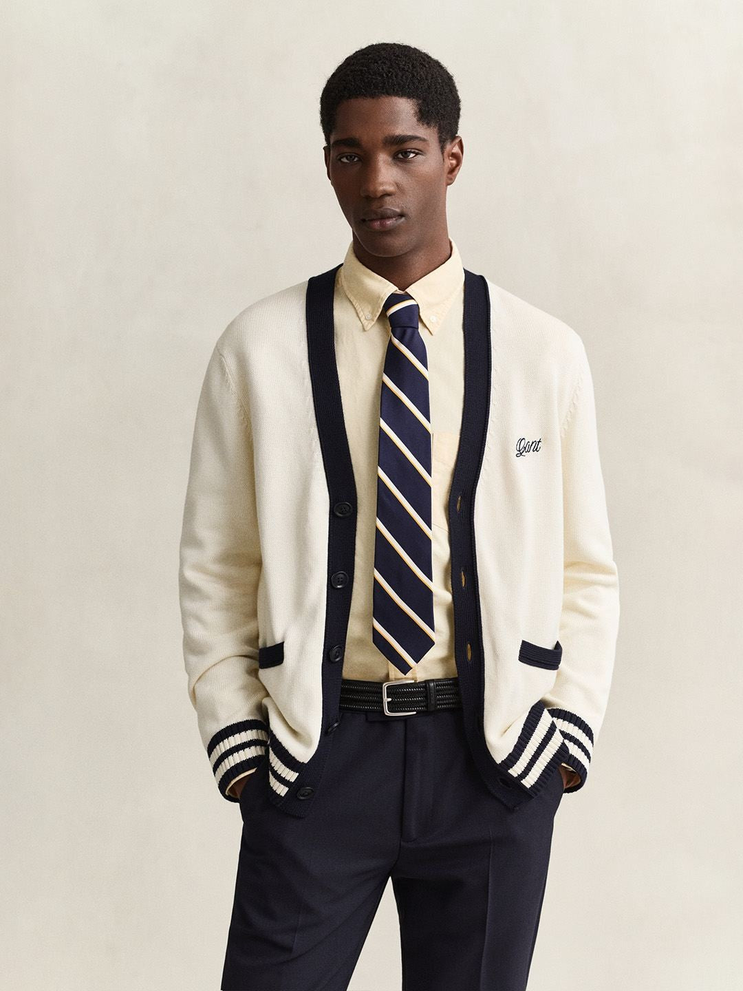 Gant Men Cream Solid Regular Fit Pure Cotton Sweater