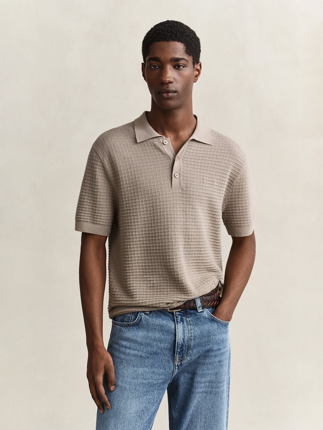 Gant Men Beige Solid Regular Fit Pure Cotton Polo Sweater