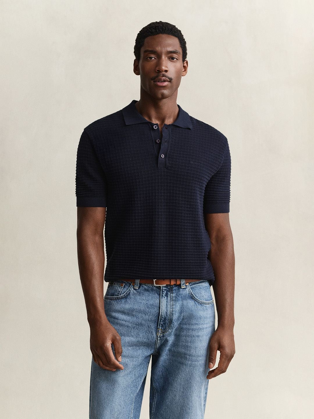 Gant Men Navy Blue Solid Regular Fit Pure Cotton Polo Sweater
