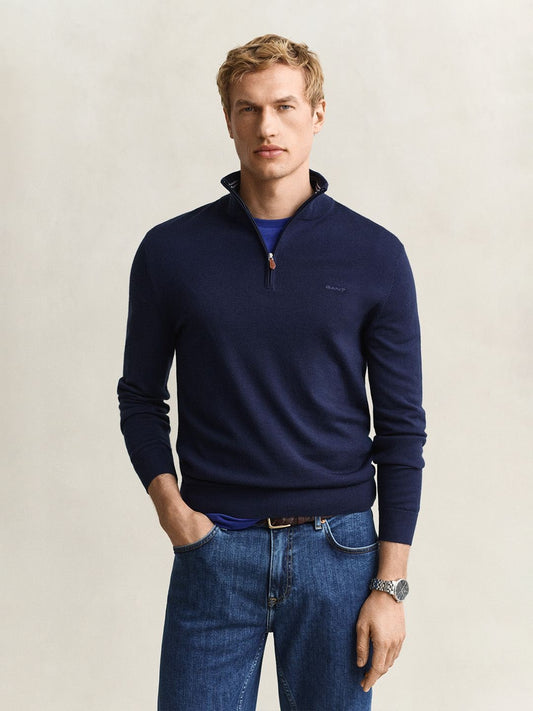 Gant Men Navy Blue Solid Regular Fit Sweater