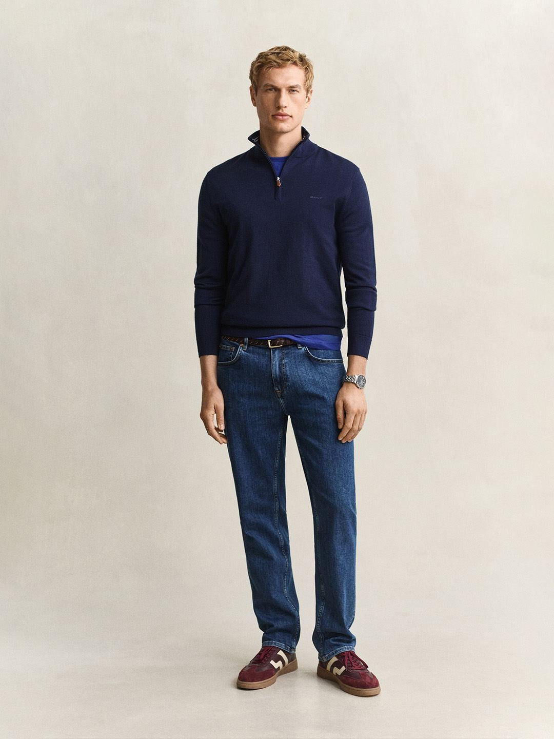 Gant Men Navy Blue Solid Regular Fit Sweater