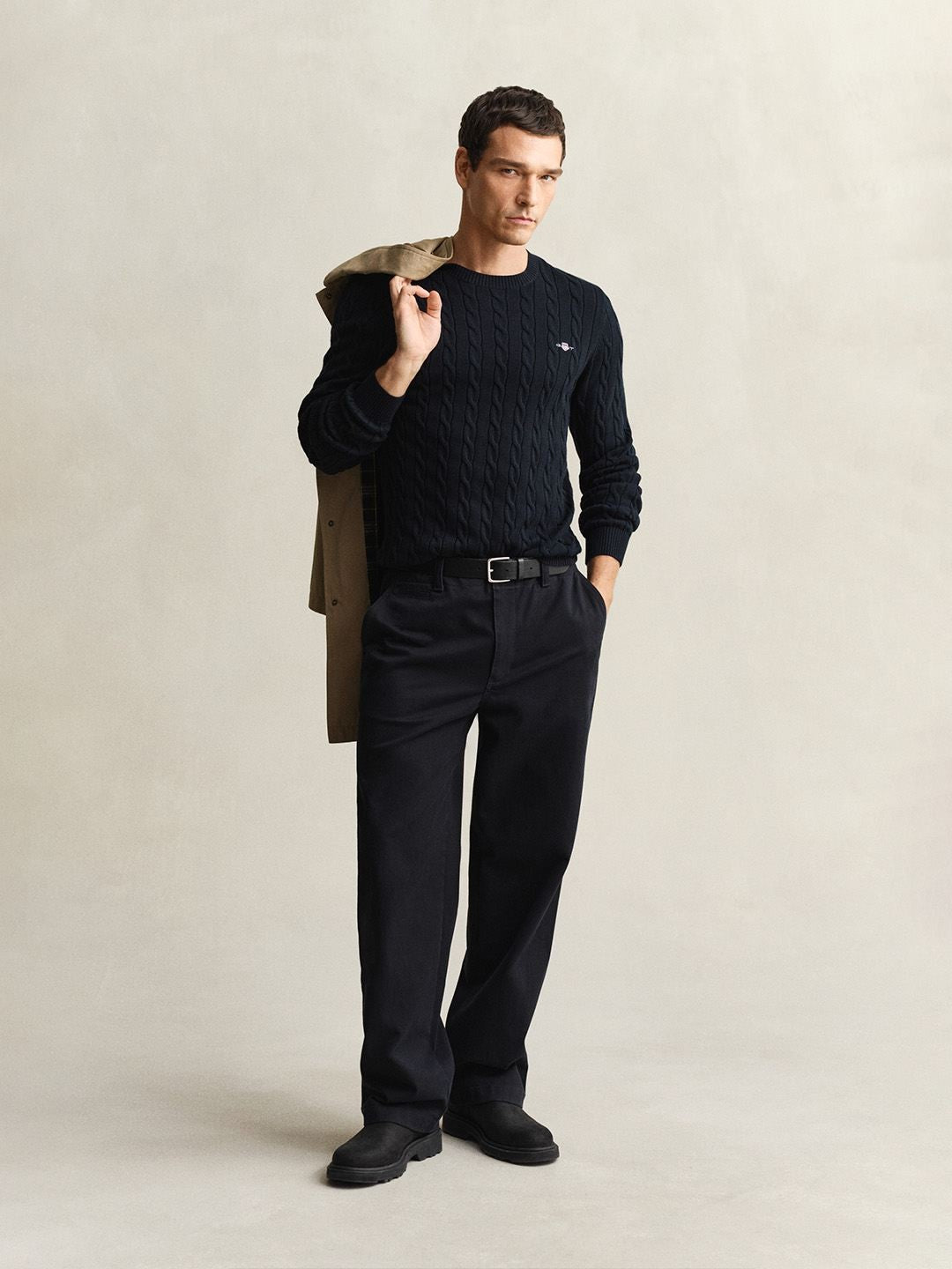 Gant Men Navy Blue Textured Regular Fit Pure Cotton Sweater