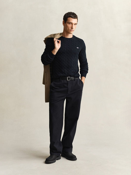 Gant Men Navy Blue Textured Regular Fit Pure Cotton Sweater