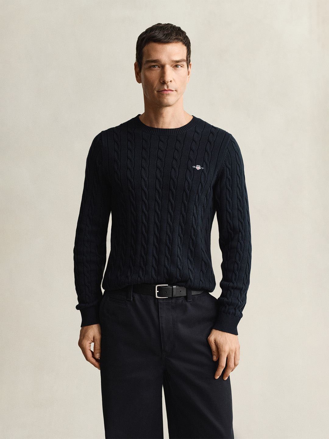 Gant Men Navy Blue Textured Regular Fit Pure Cotton Sweater