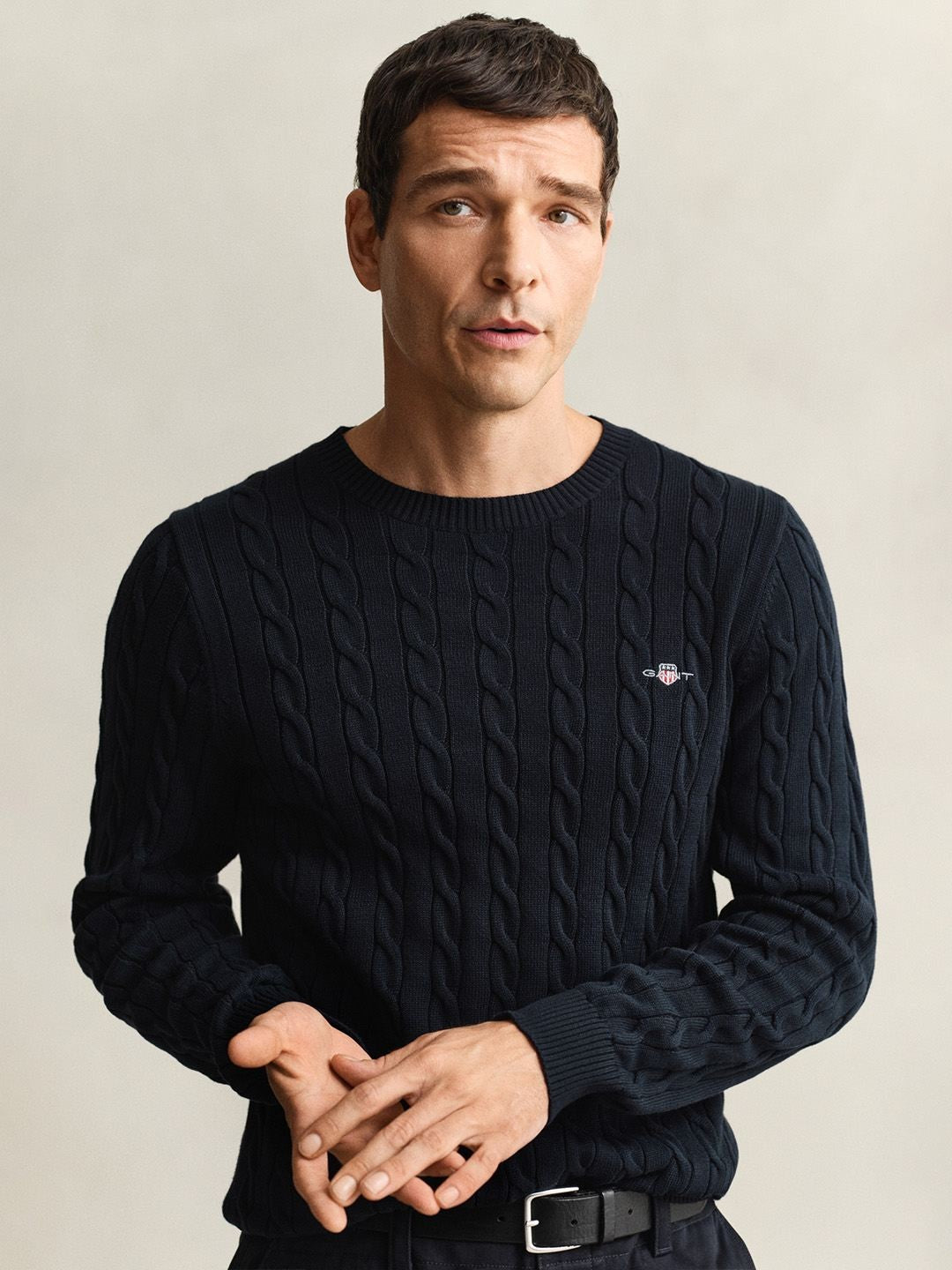 Gant Men Navy Blue Textured Regular Fit Pure Cotton Sweater