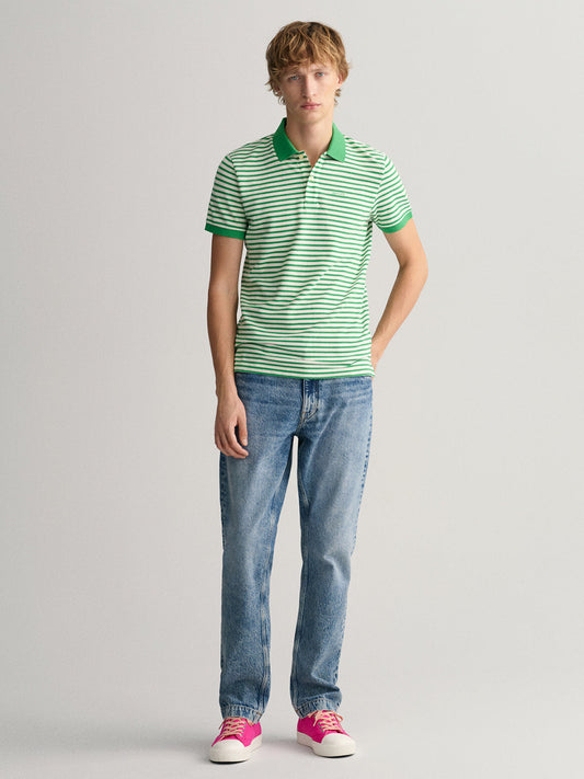 Gant Green Striped Regular Fit Pique Polo T-Shirt